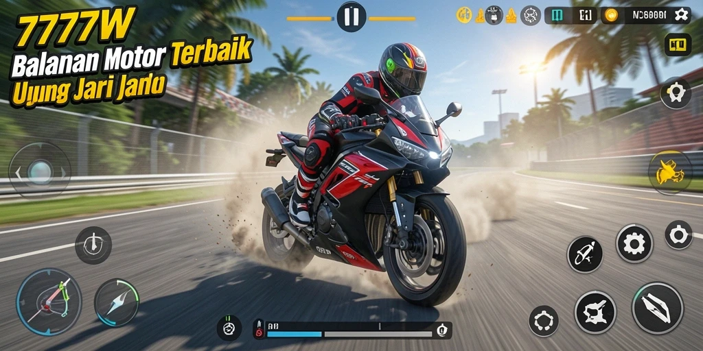 Screenshot gameplay balapan motor yang menegangkan di 7777W.