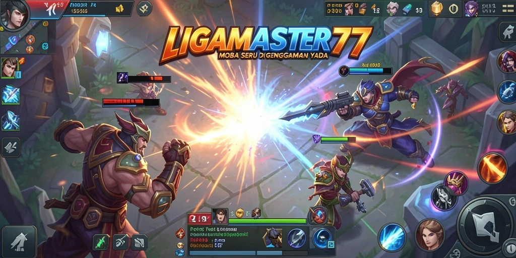Tangkapan layar LIGAMASTER77 menampilkan aksi pertempuran intens dalam gameplay MOBA.