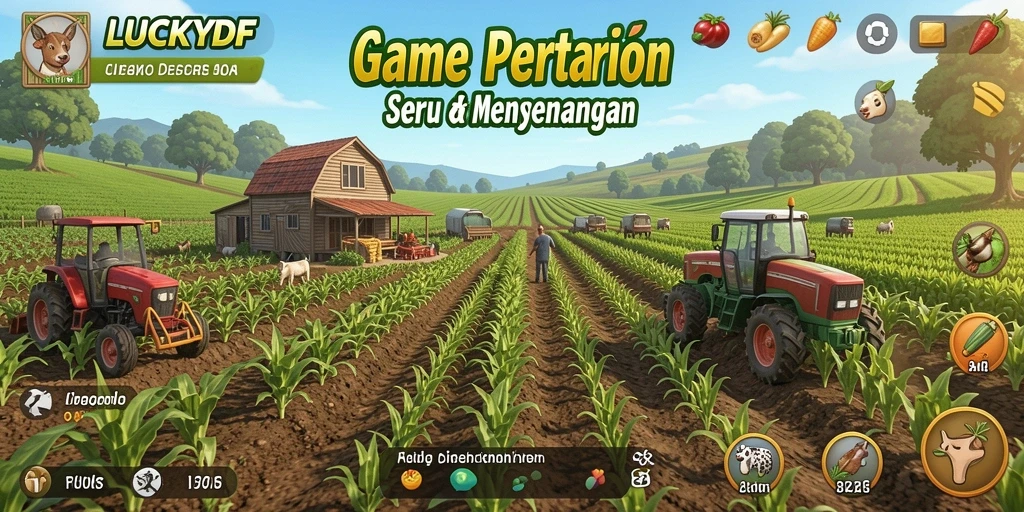 Tampilan gameplay LUCKYDF dengan pertanian yang subur dan menarik.