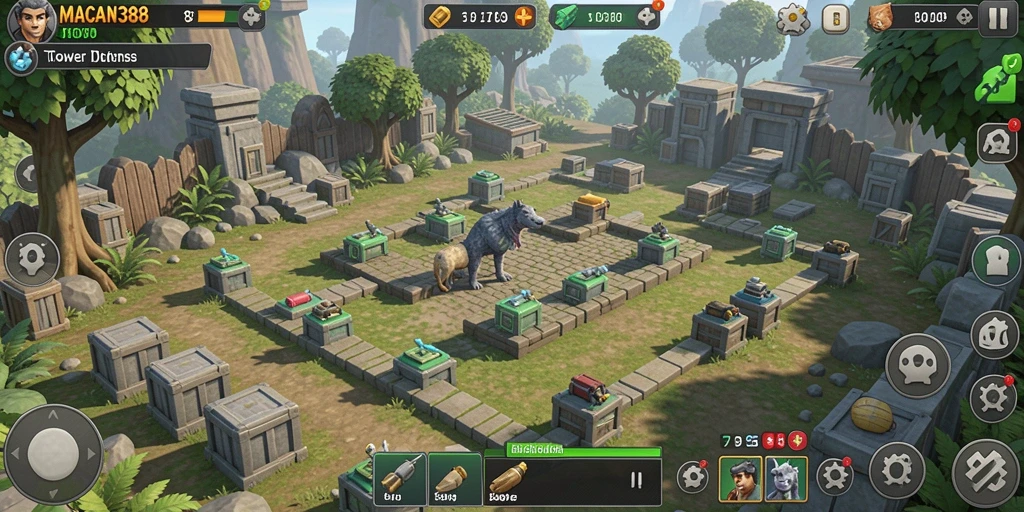 Tangkapan layar gameplay <strong>MACAN388</strong> menunjukkan menara yang berfungsi dengan baik melawan serangan musuh.