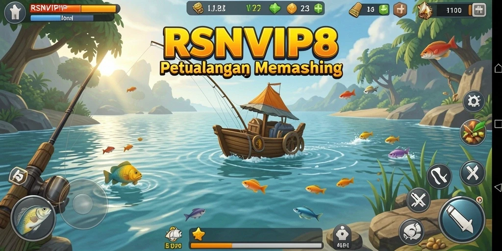 Screenshot gameplay RSNVIP8 yang menunjukkan suasana memancing yang seru.