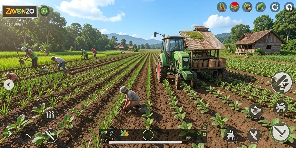 Tangkapan layar gameplay ZAVONZO dengan aktivitas bertani yang seru.